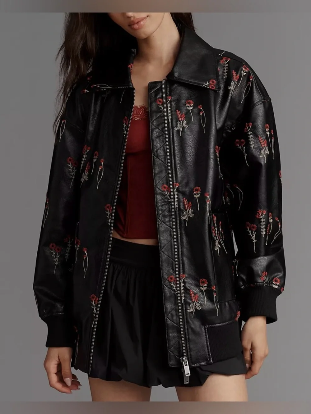 NWOT Anthropologie Maeve Faux Leather Floral-Embroidered Bomber Jacket - small - Picture 3 of 9